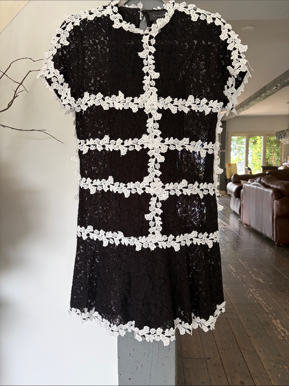 Black Lace Mini Dress with White Floral Trim BY GRACIA
